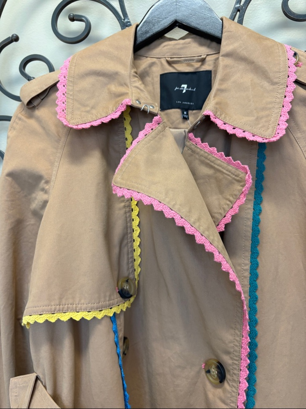 Beige Trench Coat with Pink Trim - Women's Classic Belted Coat - Picture 3 of 6